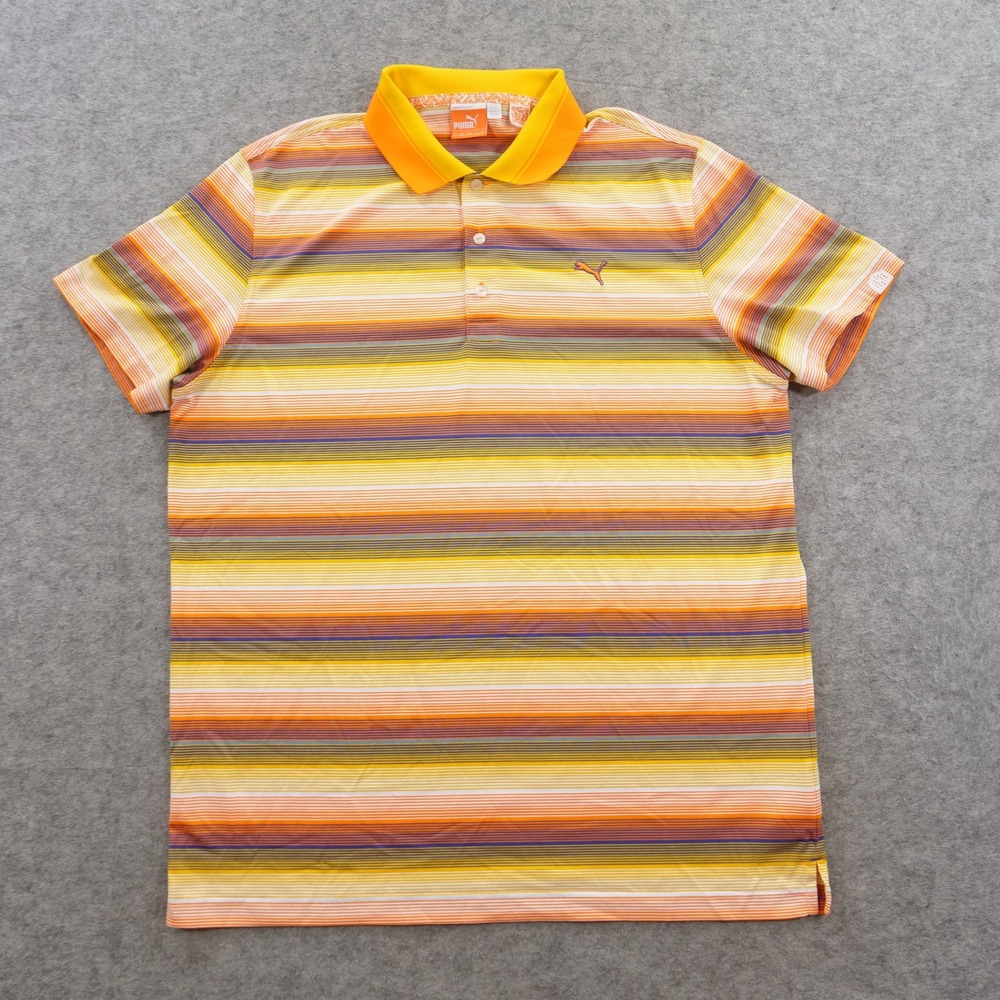 Puma Polo Shirt Sportlifestyle Mens XL Multi Color Striped Golf Orange Yellow